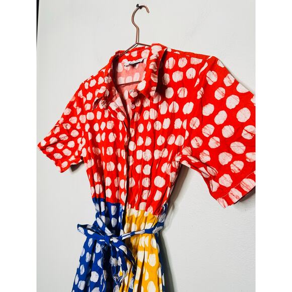 BUSAYO COLLECTIVE Colorblock Polka Dot Print Button Front Tie Waist Dress 10 - Picture 5 of 10